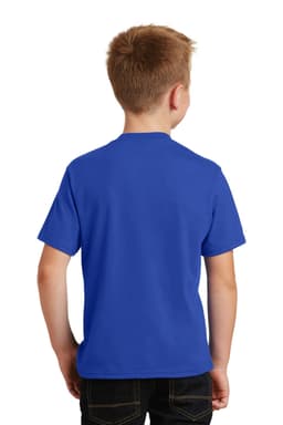 A blue youth t-shirt viewed from the back, featuring a logo on the back.