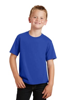 A youth t-shirt in bright blue, featuring a casual short-sleeve design and a logo on the front.
