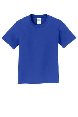 A blue youth t-shirt featuring a round neck and short sleeves, with a brand logo on the tag.
