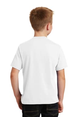A white youth t-shirt with a simple design and a logo, shown from the back.