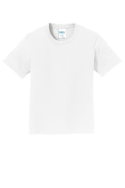 A white t-shirt featuring short sleeves and a round neckline, with a label showing branding inside.