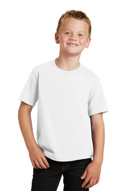A youth wearing a plain white t-shirt with a round neck and short sleeves, featuring a logo.