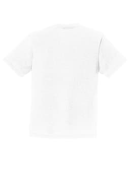 A white youth t-shirt featuring short sleeves and a plain back. The shirt has a branding logo.