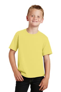 A youthful boy wearing a bright yellow t-shirt, smiling while standing with his hands on his hips. The shirt features a logo.
