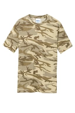 A camo t-shirt in earthy tones of tan and brown featuring a logo, made from cotton.