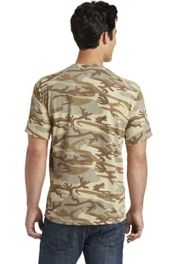 A camouflage t-shirt in earthy tones of brown and green, featuring a logo on the back.