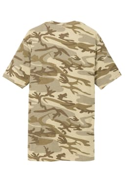 A camo t-shirt in shades of beige and brown, featuring a camouflage pattern. The shirt has a standard crew neckline.