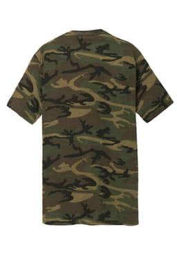 A green and brown camo T-shirt featuring a pattern of various shades, with a logo on the back.