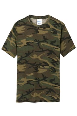A camo-patterned T-shirt in various shades of green and brown with a tag inside. It features a logo.