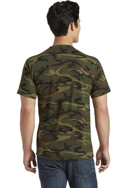 A back view of a camo-patterned green t-shirt made from cotton, featuring a logo on the back.