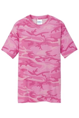 A pink camo T-shirt featuring a camouflage pattern, with a label indicating the brand.