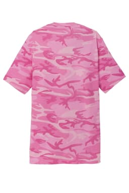 A pink camouflage t-shirt with short sleeves and a logo, featuring various shades of pink in the pattern.