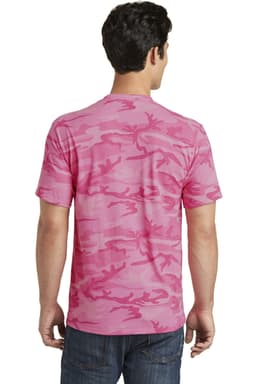 A pink camouflage T-shirt with short sleeves and a relaxed fit, featuring a logo on the back.