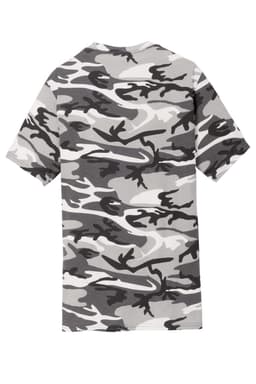 A grey and white camo-patterned t-shirt featuring short sleeves and a crew neckline, with a logo on the back.