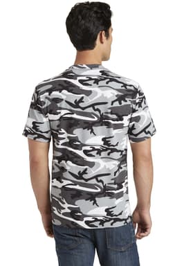 A grey and black camo T-shirt featuring a logo on the back, displayed on a model from behind.