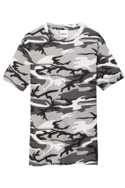 A grey camo t-shirt featuring various shades of grey and white, with a brand logo on the collar.