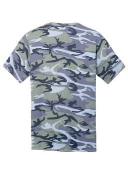 A back view of a Port & Company Core Cotton Camo Tee in shades of green, grey, and black with a camo pattern.