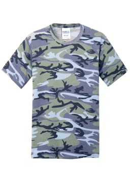 A camo-patterned T-shirt in shades of green, grey, and blue, featuring short sleeves and a crew neckline.