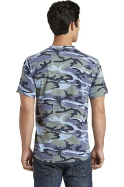 A camo-patterned t-shirt in shades of blue and green, featuring a logo. The view is from the back.
