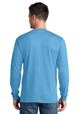 A man is wearing a long sleeve tee in light blue, with a plain back view visible. The shirt has a logo.