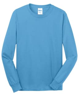 A long sleeve tee in a vibrant blue colour, featuring a round neckline and a logo on the label.