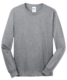 A long sleeve grey cotton tee with a crew neck design, featuring a logo on the collar area.