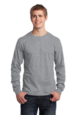 A grey long sleeve core cotton tee worn by a smiling male model, featuring a logo on the shirt.