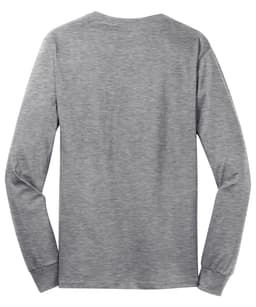 A long sleeve grey cotton t-shirt with a plain back and fitted sleeves. Features a logo on the label.