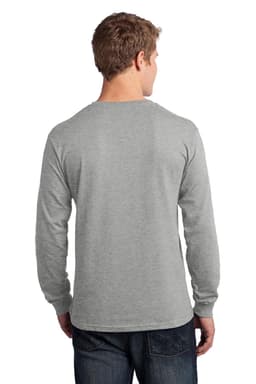 A man wearing a long sleeve grey cotton tee, viewed from the back. The shirt features a logo.