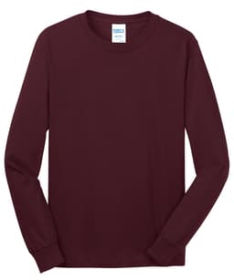 A long sleeve core cotton tee in a deep burgundy colour, featuring a simple design and branding label.