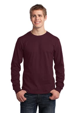 A long sleeve tee in a rich burgundy colour, worn by a smiling male model against a plain background.