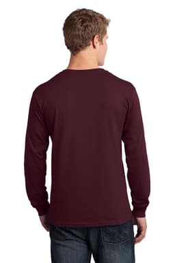 A man is wearing a long sleeve, burgundy cotton tee, viewed from the back. The shirt has a logo.