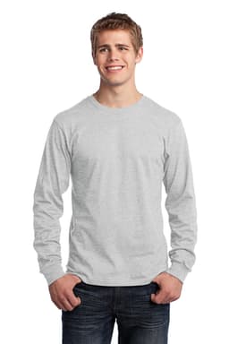 A long sleeve, light grey cotton t-shirt with a logo, worn by a smiling man.