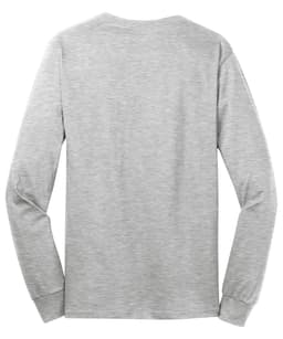 A long sleeve, grey cotton t-shirt with a back view, featuring a small logo.