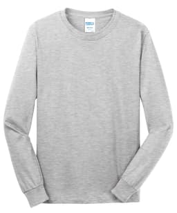 A long sleeve grey cotton tee with a simple design and a logo at the neckline.