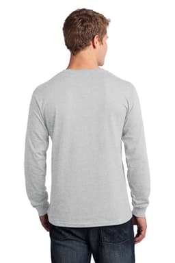 A light grey long sleeve cotton tee with a standard fit, featuring a logo on the back.