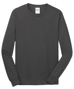 A long sleeve, dark grey cotton t-shirt with a logo on the label.