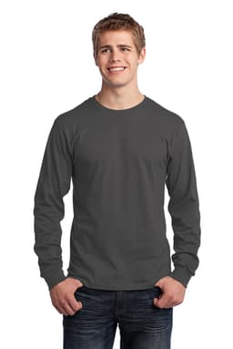 A long sleeve grey cotton t-shirt for men, featuring a simple design and a logo on the front.