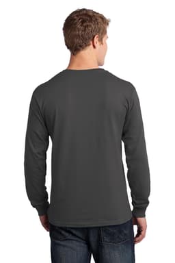 A long sleeve, dark grey tee displayed from the back, featuring a logo on the upper section.