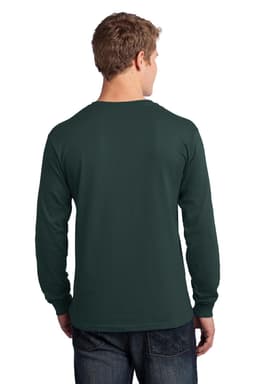 A man wears a dark green long sleeve cotton tee, displaying the back view, with a plain design.