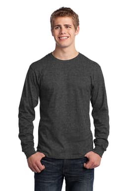 A long sleeve, core cotton tee in dark grey, featuring a logo, worn by a smiling male model.