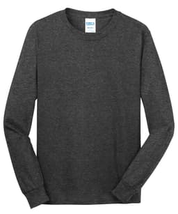 A long sleeve t-shirt in a dark grey colour with a round neck and a logo on the label.