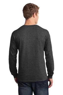 A man wearing a long sleeve, dark grey cotton tee from the back, with jeans and a simple logo on the shirt.
