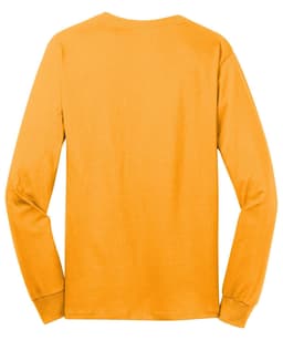 A long sleeve tee in a vibrant orange colour, featuring a plain back and a logo.