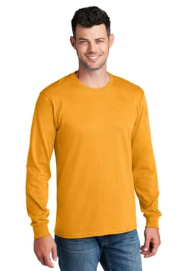 A man wearing a long sleeve tee in vibrant yellow, featuring a logo on the front.