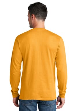 A long sleeve cotton tee in a bright gold colour, worn by a man seen from the back. The shirt features a logo.