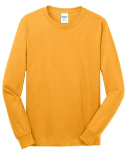 A long sleeve cotton tee in a vibrant mustard yellow, featuring a label and a plain design.