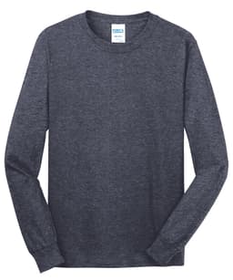 A long sleeve cotton tee in a dark grey colour, featuring a label and a logo on the neckline.