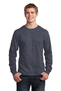 A long sleeve cotton tee in a dark navy colour, worn by a smiling young man. The shirt features a logo on the front.