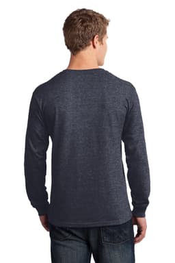 A man is wearing a dark navy long sleeve cotton tee, viewed from the back, with a simple design and no visible logos.
